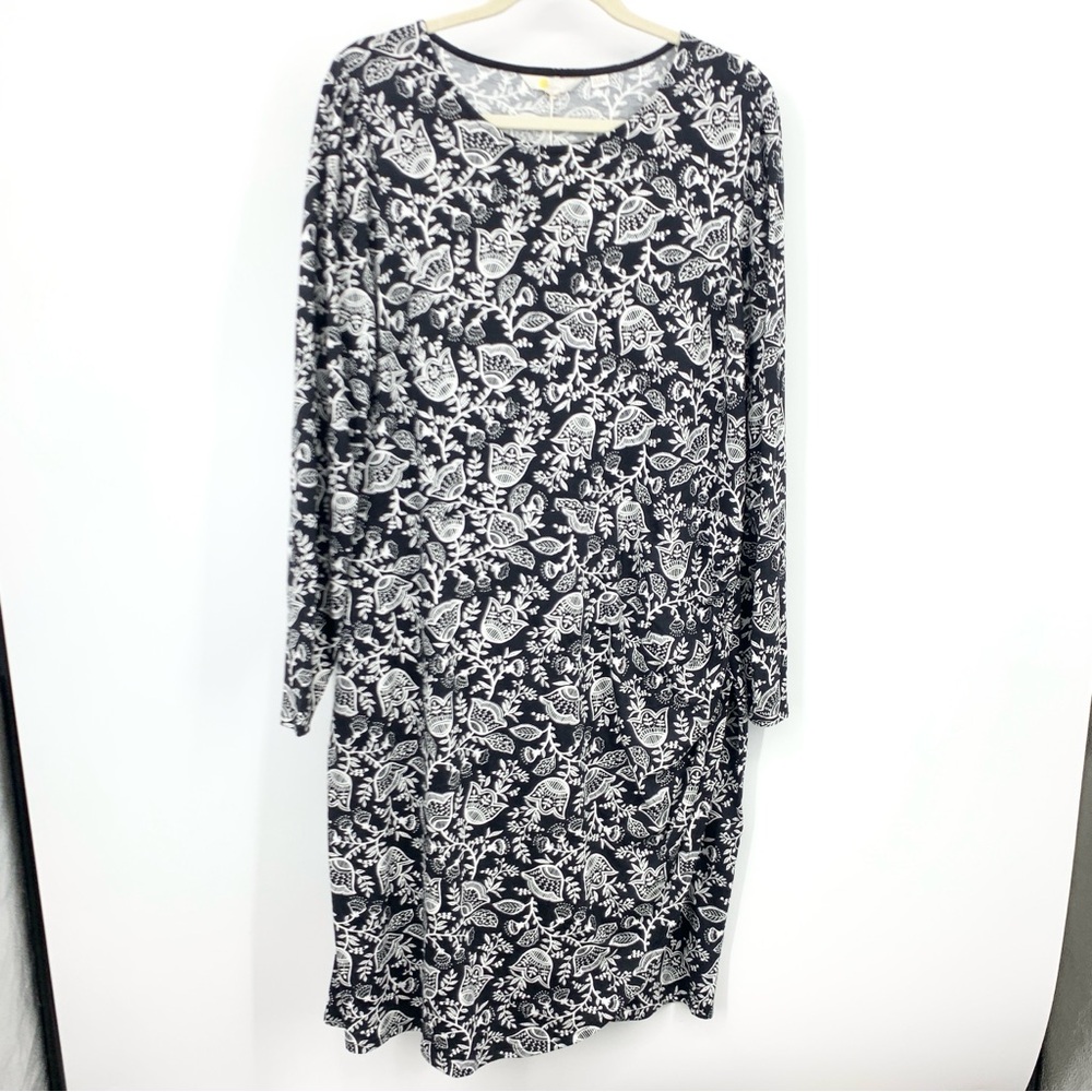 Boden Women Size 16 18 LONG Dress Long Sleeve Side Wrap Ruched Black White Print